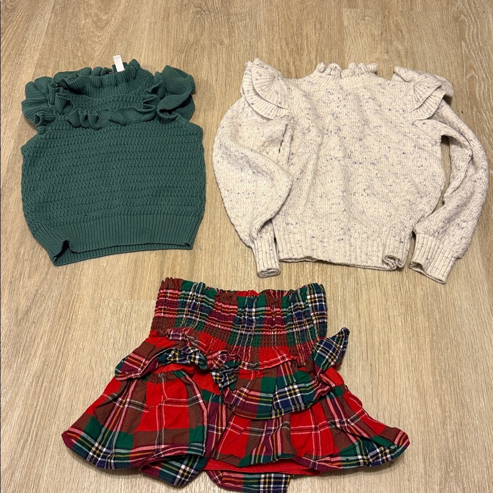 Green and Cream Sweaters with Red Plaid Skirt bundle.
